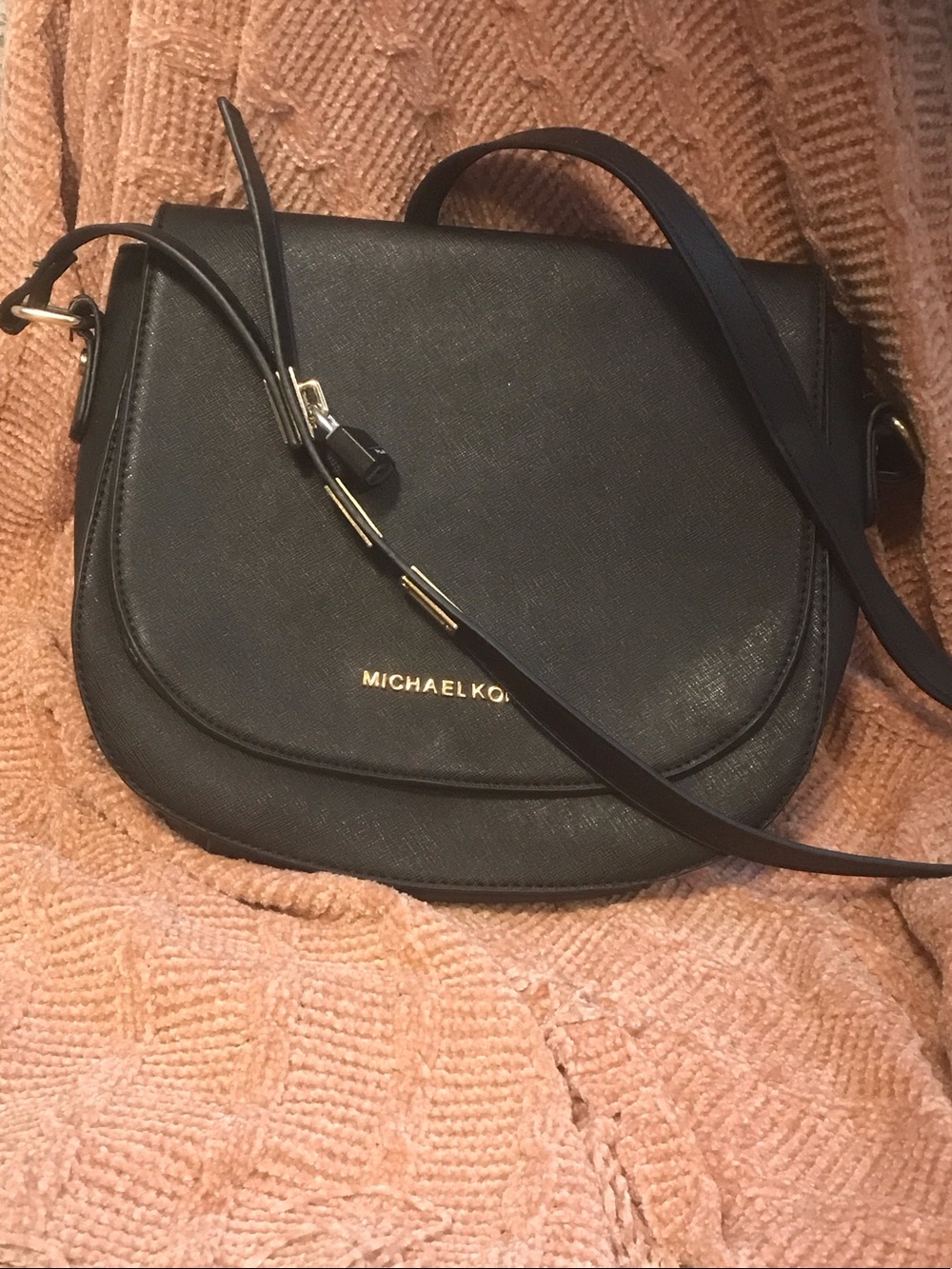 Michael Kors Black Leather Crossbody Saddle Bag with Gold Hardware